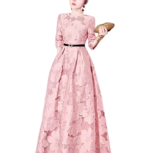 Vestido Largo Formal <span class=keywords><strong>de</strong></span> Fiesta para Mujer, Elegante, con Cinturón, Corte en A, Manga 3/4, Jacquard Floral 3D Rosa, Ideal para <span class=keywords><strong>Invitadas</strong></span> <span class=keywords><strong>de</strong></span> <span class=keywords><strong>Boda</strong></span> - Product Image 1