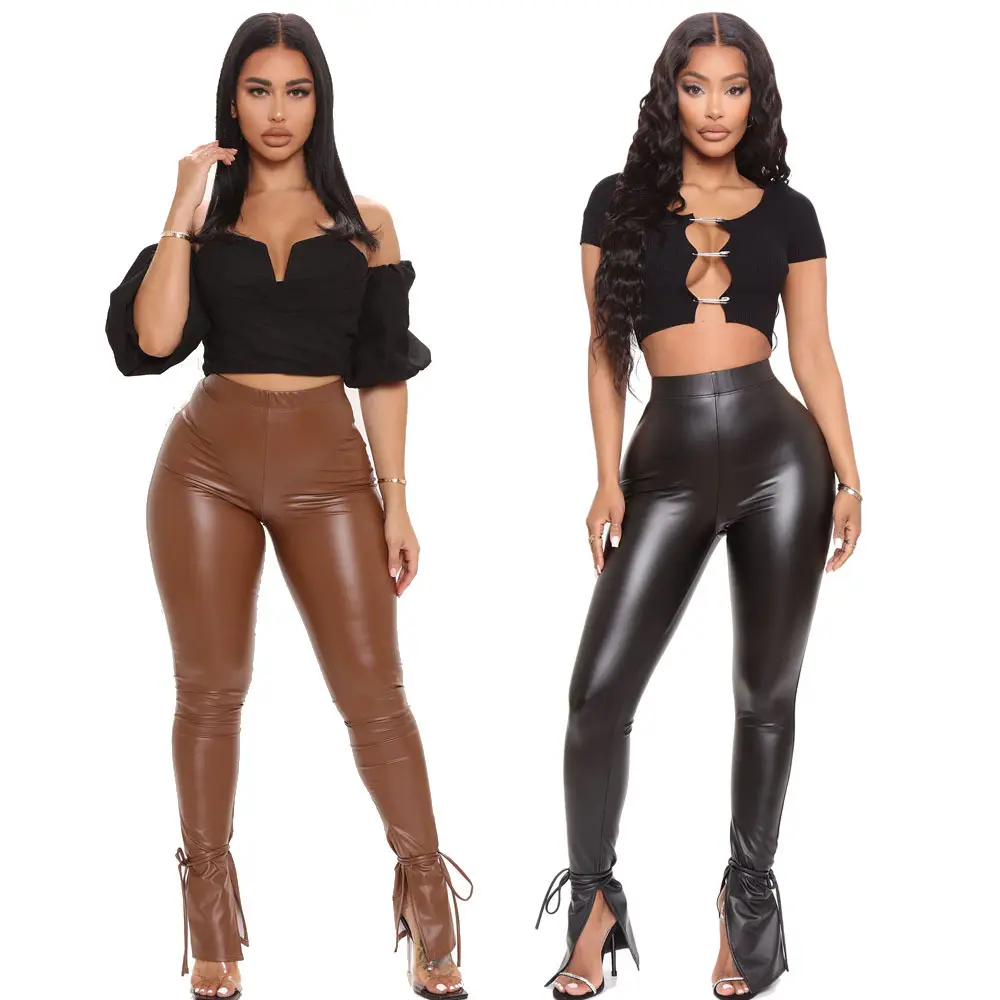 High Quality Autumn High-Waist Stretchy Pu Leather Pants Casual Tight Side Slit Lace-Up Women Pu Flare Pants