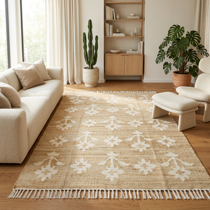 Tapis d'appoint en jute naturel avec franges, tapis rectangulaire à tissage plat floral bohème pour salon - Product Image 5