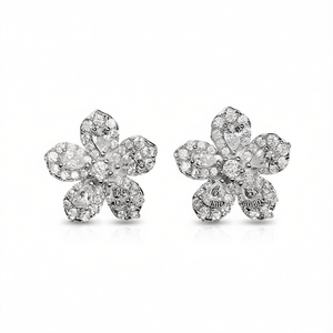 Orecchini a Fiore in Oro Bianco con Diamanti, Taglio Brillante Rotondo, Colore G, Diamanti Naturali, Gioielli Classici da Donna per Uso Quotidiano - Product Image 1