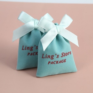 Aqua Blue 7x9 cm Drawstring Velvet Flannel Jewelry Pouch Bag Gift Dust Bag with <b>Ribbon</b> for Storage or Presentation - Product Image 2
