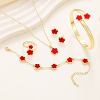 Juego de Joyería de Trébol de Cinco Hojas de la Suerte para Mujer, 5 Piezas, Chapado en Oro, Pulsera, Collar, Anillo, Pendientes, Regalo