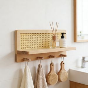 Étagère murale Art Déco en rotin et bois de pin massif avec crochets, porte-clés et porte-manteau tressé créatif, organisateur pour salle de bain et entrée, décoration intérieure - Product Image 3