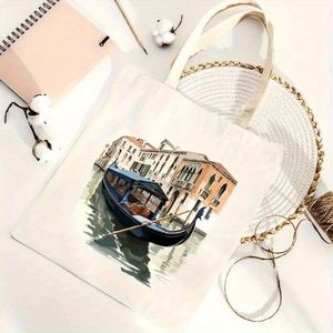 Sac fourre-tout réutilisable de grande capacité avec imprimé gondole de Venise et architecture, parfait pour le shopping, la plage et l'usage quotidien - Product Image 2