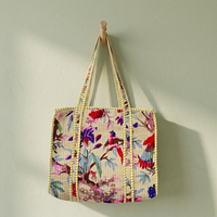 Tas Tote Penyimpanan Berkapasitas Besar Gaya Pedesaan Prancis, Multifungsi, Katun, Cetak Blok Tangan, Berlapis, Buatan Tangan