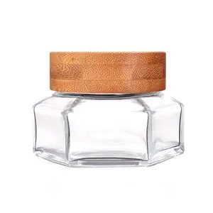 Pote hexagonal de vidro premium, recipiente para cosméticos com tampa de bambu e creme noturno para facial, 100ml