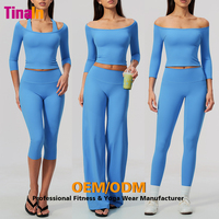Conjunto de Yoga OEM Personalizado para Mujer, 2 en 1, Hombros Descubiertos, Cuello Barco, Cintura Alta, Pantalones Anchos, Elásticos en 4 Direcciones, Suaves y Cómodos