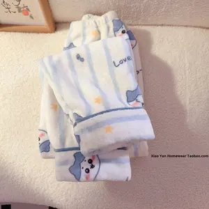 Pyjamas en polaire corail pour filles et garçons, vêtements d'intérieur pour enfants en hiver, manches longues, super doux, broderie de dessins animés - Product Image 4