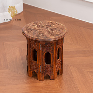 Tavolino Pieghevole in Legno Massello Intagliato a Mano, Tavolino Rotondo Staccabile Stile Boho per Soggiorno, Balcone, Patio - Product Image 1