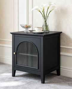 Modern Black Solid Wood Nightstand,Arched Fluted Glass Door Brass Knob Tapered Leg Bedside Cabinet for Bedroom <b>Night</b> <b>Stand</b> - Product Image 3