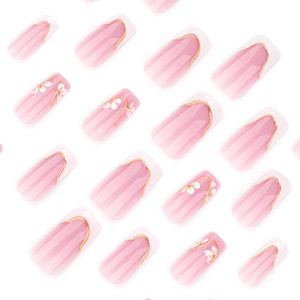 <span class=keywords><strong>Faux</strong></span> <span class=keywords><strong>ongles</strong></span> carrés à presser, rose, style French manucure avec ligne dorée et fleur blanche, pour femmes - Product Image 3