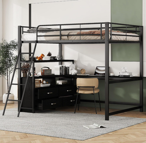 Cama de <span class=keywords><strong>dos</strong></span> niveles con <span class=keywords><strong>escalera</strong></span> negra y barandilla antideslizante, la sección inferior tiene cajones y un escritorio. Ideal para dormitorios. - Product Image 3