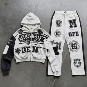 เสื้อฮู้ดดี้ผู้ชายทรงโอเวอร์ไซส์แบบสองชิ้น ผ้าหนา 400 GSM ทรงบ็อกซี่ ไหล่ตก ปักลายแบบแอพพลิเค่ พิมพ์ลายตามสั่ง OEM - Product Image 1