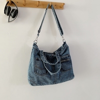 Sac fourre-tout élégant en jean grande capacité pour femme, décontracté, à bandoulière unique, avec fermeture éclair, en polyester, logo personnalisable, design de créateur