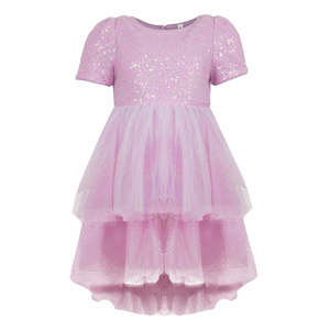 שמלת נסיכה לבנות עם שרוולים קצרים, פאייטים בצבע לבנדר, שכבות טול, שוליים גבוהים-נמוכים, למסיבת יום הולדת, שמלה לילדות - Product Image 2