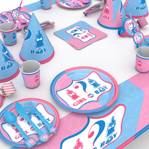Articles de fête pour révélation du sexe du bébé, ensemble de vaisselle jetable 60-80 pièces pour fête prénatale ou anniversaire - Product Image 1
