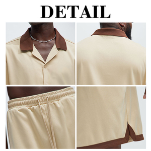 Ensemble deux pièces en polyester tricoté pour homme KingSen OEM, chemise boutonnée avec bordure contrastée et short à cordon de serrage, tenue décontractée d'été - Product Image 6