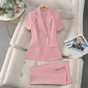 Pink Women's Short Sleeve Suit Set Solid Color Breathable Polyester Casual Suit Jacket With Buttons For Office And Daily Wear - Product Image 1
