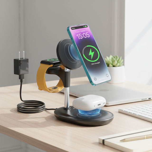 Trending Electric 3-in-1 Wireless Charging Station PD 15W Fast Charging 360 Rotation Magnetic Mount Mobile Phone Earbuds