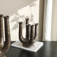 Vase en céramique Flolenco abstrait multi-tubes, finition bronze vieilli rustique, sculpture artistique, vase-bouteille pour fleurs séchées, décoration intérieure