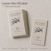 Étiquettes en papier faites à la main avec bords déchirés personnalisés, estampage à chaud en or pour l'emballage des bouteilles d'huile d'olive, autocollant à texture naturelle