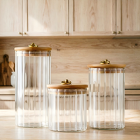 Pot en verre borosilicate rayé avec couvercle à anneau en cuivre et bouchon en bois pour café, graines de melon, noix, écorces de mandarine, feuilles de thé, colle de poisson
