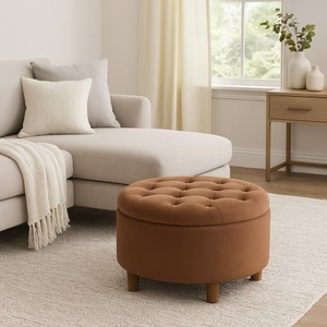Pouf de rangement relevable rond OE HOME moderne et contemporain de 28 pouces avec tabouret intégré en tissu velours marron Spice - Product Image 1