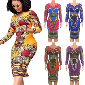 New European and American Women's African Ethnic Style 3/4 Sleeve V-Neck Dress Mid length Skirt