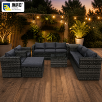 Ensemble de canapé modulaire d'extérieur en osier en forme de U, gris, avec coussins en rotin, capacité 8 personnes, ottoman et table basse pour patio