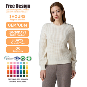 Wholesale OEM ODM Winter <b>Jumper</b> Casual Long Sleeve <b>Pullover</b> Knitwear Women Waffle Knit Crewneck Wool Sweater - Product Image 2