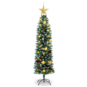 Árbol de Navidad Artificial Delgado Verde y Blanco de 59.06 Pulgadas con Adornos y Estrella en la Punta para Decoración Interior - Product Image 1
