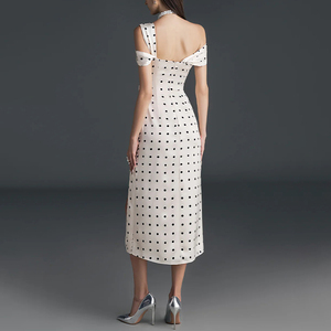 ZYHT 73507 elegante <span class=keywords><strong>abito</strong></span> Midi a <span class=keywords><strong>pois</strong></span> asimmetrico Beige con disegno drappeggiato floreale Det e spacco per eventi formali - Product Image 2