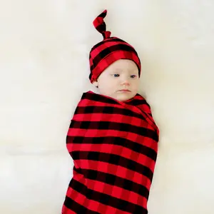 Christmas Buffalo Plaid Baby Swaddle Receiving Blanket Knot Beanie Hat Set Xmas Gift Newborn Baby Swaddle Blanket Wrap With Hat