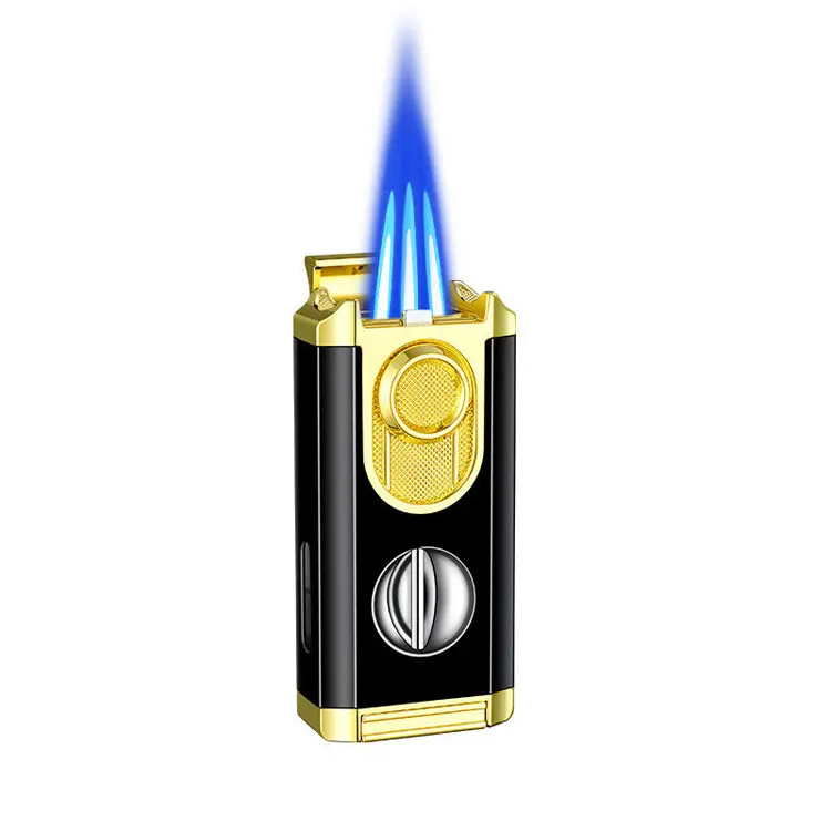 New Luxury Metal Silver Cigar Lighter And Punch Cutter Gift Set Custom Logo Butane Zinc Alloy Cigar Lighter