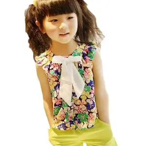 Hot Sale Summer Teen Kid Wear Chic Printing Bowknot Children Girl Clothing Sets