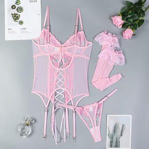New Arrival Embroidery Flower Bodysuitwith Sotcking <b>Sexy</b> High Quality Elegant 3 Piece Lingerie <b>Set</b> - Product Image 6