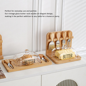Juego de tabla de cortar de madera maciza para picar pan, fruta, Pizza, bistec, queso con cuchillo de bambú y tenedores, caja de mantequilla de vidrio rectangular - Product Image 2