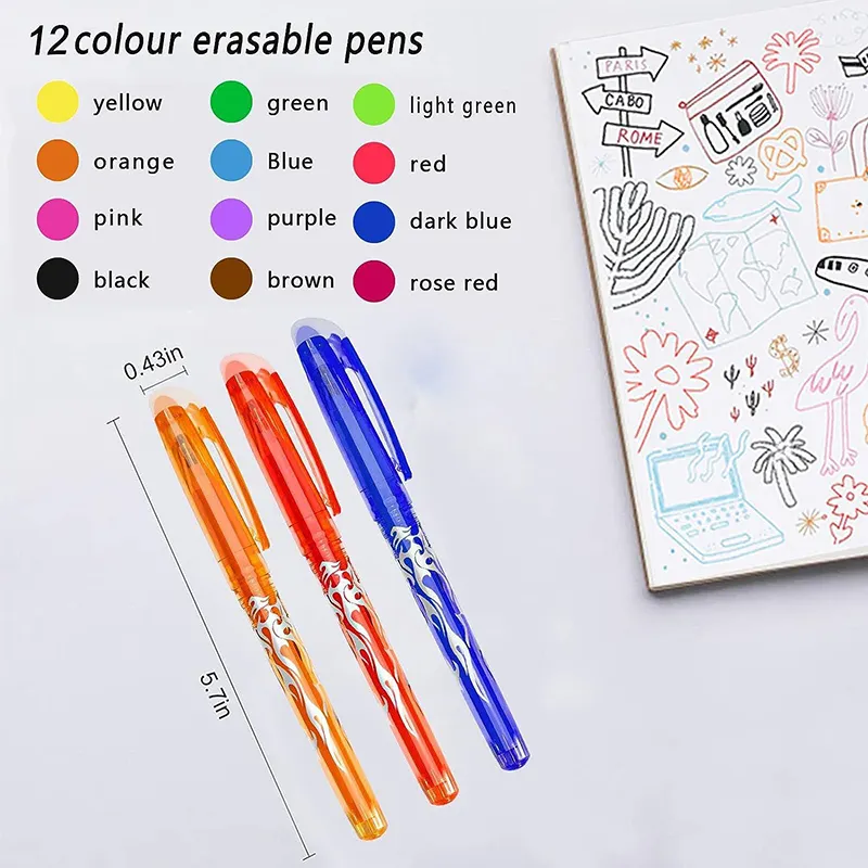 2023 Erasable Rollerball Pen Multicolor Ink with Custom Logo Remove by Refill Friction 0.7 Kids Ball Pen with Eraser Feature