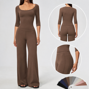 Ensemble de yoga 2 pièces pour femme : haut à col rond et manches 3/4, pantalon large, tenue de sport et de détente avec logo personnalisé, vêtements de sport - Product Image 1