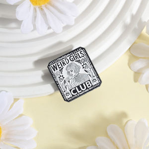 Broche en émail 'Weird Girls Club' rétro, noire et blanche, illustrant une fille buvant du thé, avec bordure florale, <span class=keywords><strong>d</strong></span>écoration, cadeau pour amis - Product Image 2