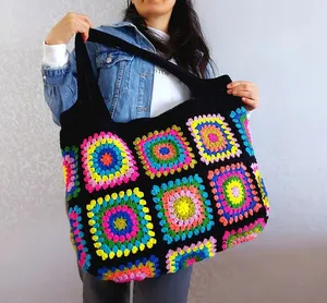 Main Noir et Coloré Crochet Granny Square Bag Granny boho Shoulder bag Handmade Cotton Material Women Bags