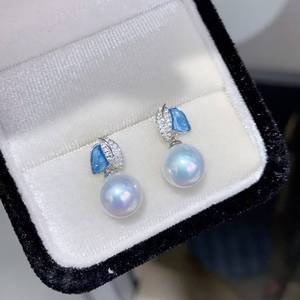 factory wholesale New Blue Enamel Leaf Zircon Pearl <b>Drops</b> 11-11.5mm Near Round Bright Luster Freshwater Pearl <b>Silver</b> <b>Earrings</b> - Product Image 4