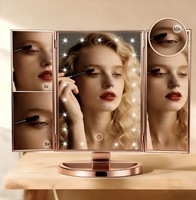Miroir de maquillage LED rechargeable à commande tactile pliable en 3 parties, miroir de maquillage éclairé portable avec grossissement 2X/3X/10X