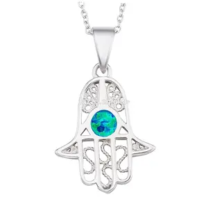 Colar de prata esterlina 925 puro, hamsa, colar de mão, opala azul, jóias de fátima