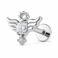 Piercing Labret à dos plat en Titane ASTM F136, motif Aile d'ange Halo CZ, pour cartilage, couleur Or Acier