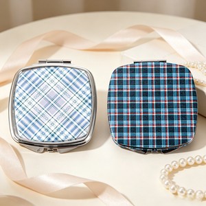 Plaid PU Leather <b>Square</b> Compact <b>Mirror</b> Rounded Edge Silver Electroplated Metal Frame Folding Dual Sided Pocket Makeup <b>Mirror</b> - Product Image 1