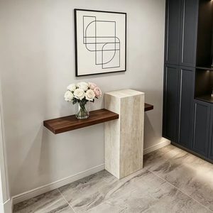 <span class=keywords><strong>Console</strong></span> moderne minimaliste en travertin avec plateau en bois de noyer, <span class=keywords><strong>table</strong></span> <span class=keywords><strong>console</strong></span> en pierre naturelle pour couloir, hôtel ou maison - Product Image 2