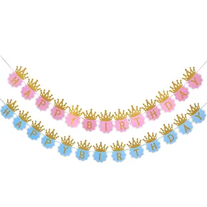 Decorazioni per Baby Shower e <span class=keywords><strong>Compleanno</strong></span> Bambini, <span class=keywords><strong>Striscione</strong></span> con Scritta 'Buon <span class=keywords><strong>Compleanno</strong></span>' Blu e Rosa, Corona, Banner di Carta - Product Image 1