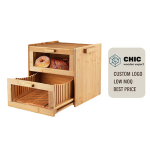 Boîte <span class=keywords><strong>à</strong></span> <span class=keywords><strong>pain</strong></span> en bambou 2 en 1 en gros avec trancheuse <span class=keywords><strong>à</strong></span> <span class=keywords><strong>pain</strong></span> intégrée, double couche, grande capacité, bac de rangement alimentaire pour plan de travail de cuisine - Product Image 1