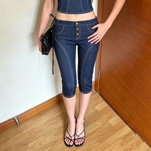 <b>Elastic</b> Faux Denim Stitch Detail Bermuda Shorts Casual Summer Street Mid-Length Bottoms - Product Image 1